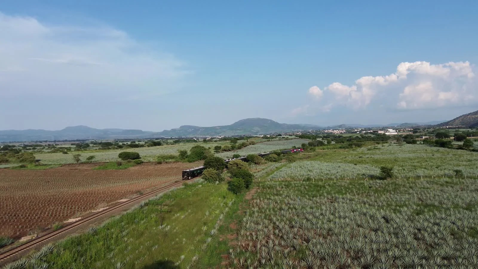 Tren entre campos y montañas, imagen de contexto y no del corredor El Corzo–La Dorada.